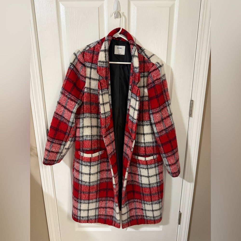 Old Navy Red and White Plaid Teddy Jacket